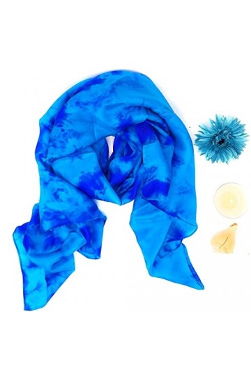 Millie and Boo Écharpe en soie pour femme - Pure soie de mûrier - Foulard de tête en soie de marbre bleu peint à la main - Ch