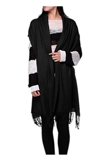 prettystern - châle pashmina 230cm longues 100% fil de laine 80 monochromes simples franges de couleur - noir