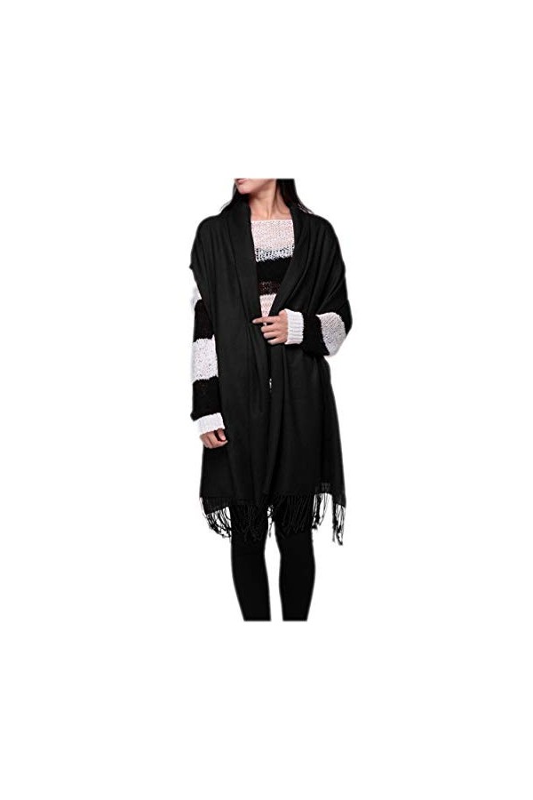 prettystern - châle pashmina 230cm longues 100% fil de laine 80 monochromes simples franges de couleur - noir