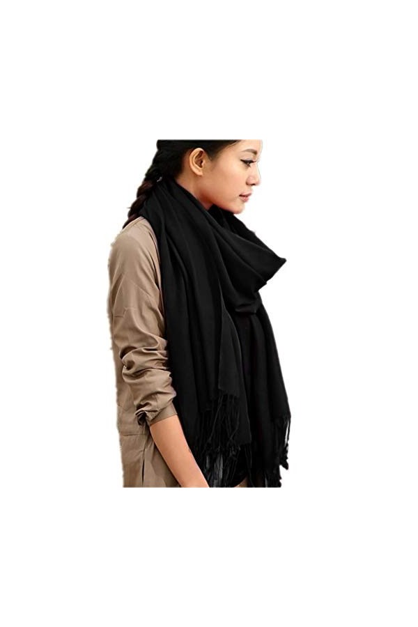 prettystern - châle pashmina 230cm longues 100% fil de laine 80 monochromes simples franges de couleur - noir