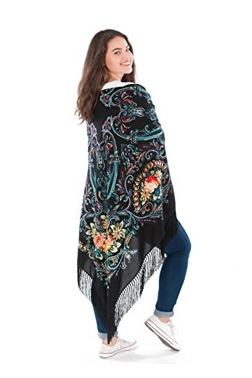 Grande écharpe colorée style russe folklore slave, Noir , 140 cm x 140 cm
