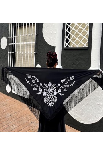 La Senorita Foulard Ceinture Chale De Danse Flamenco Broderie noir fleurs blanc Large