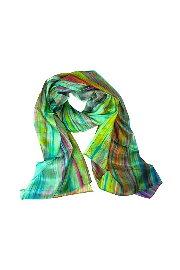 Millie and Boo Écharpe en soie pour femme - Pure soie de mûrier - Grande écharpe en soie verte multicolore peinte à la main -