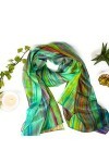 Millie and Boo Écharpe en soie pour femme - Pure soie de mûrier - Grande écharpe en soie verte multicolore peinte à la main -