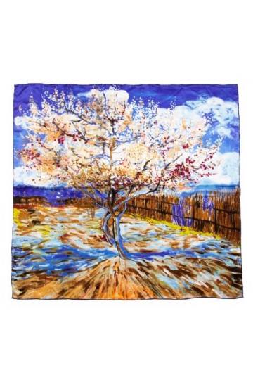 prettystern P907 Femme 90cm étole carré Foulard Chale en Soie Tableau Imprimé Dart van Gogh Arbre aux Pêches en Bleu et Viol