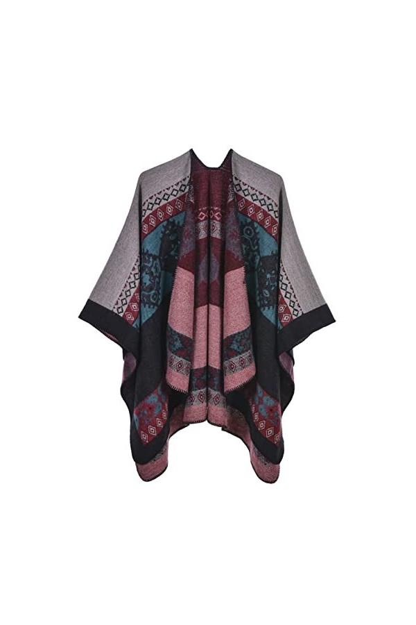 Machbaby Femme Automne Hiver Rétro Poncho Châle Tricoté Double Côté Portable Classique Wrap Cape Cardigans Écharpe Gland Étol