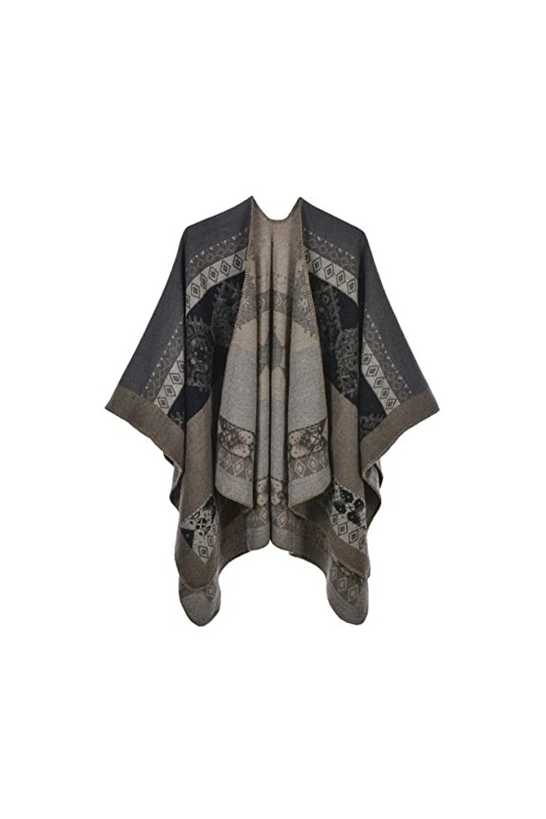 Machbaby Femme Automne Hiver Rétro Poncho Châle Tricoté Double Côté Portable Classique Wrap Cape Cardigans Écharpe Gland Étol