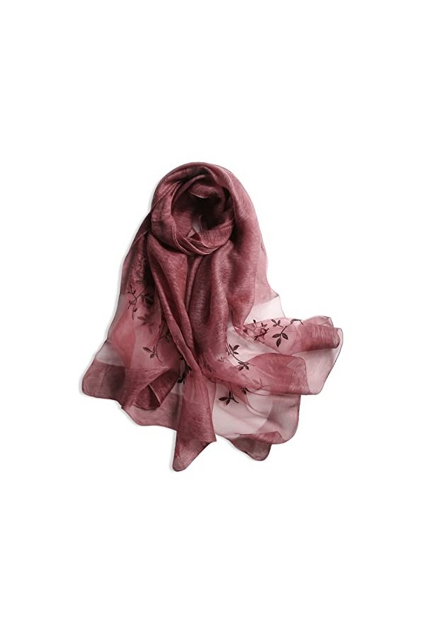 LumiSyne Foulard Soie De Mûrier Écharpe En Mousseline De Soie Femme Délicate Broderie Rose Tulle Transparent Léger Doux Échar