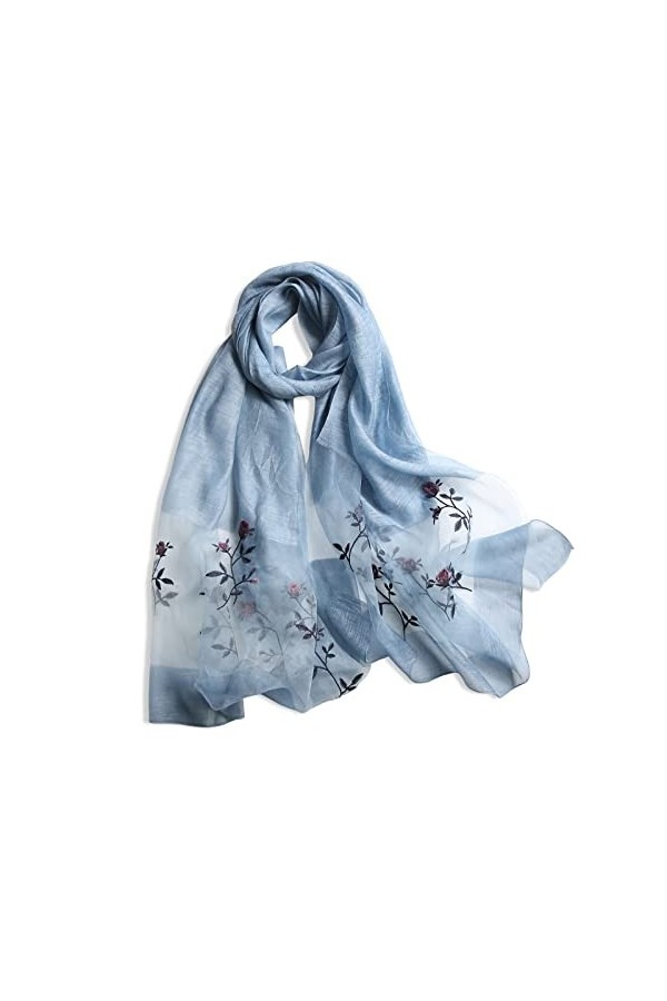 LumiSyne Foulard Soie De Mûrier Écharpe En Mousseline De Soie Femme Délicate Broderie Rose Tulle Transparent Léger Doux Échar
