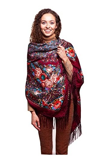 All 4 Decor Grand foulard pour femme avec cachemire et fleurs, avec franges, étole de qualité supérieure 140 cm x 140 cm, Bor