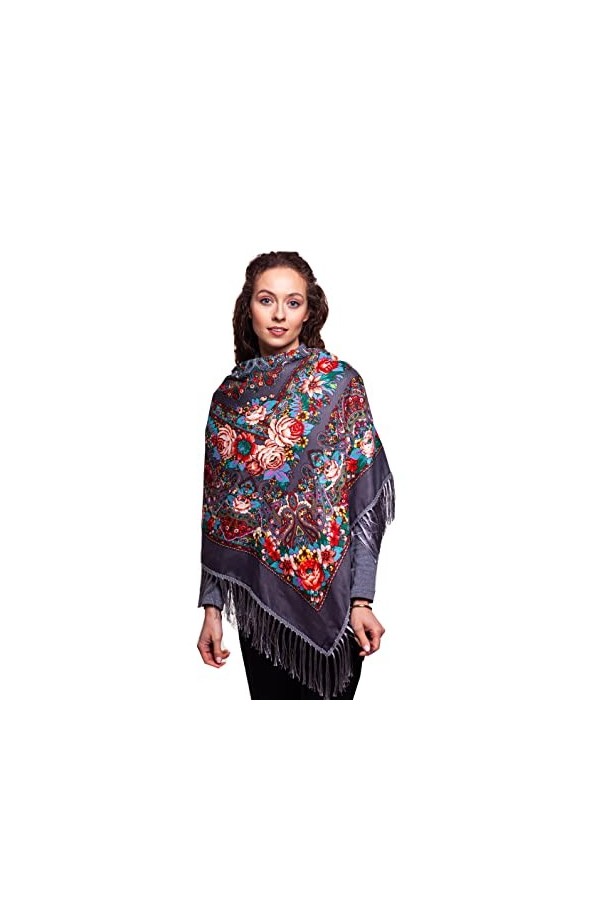 All 4 Decor Grand foulard pour femme avec cachemire et fleurs, avec franges, étole de qualité supérieure 140 cm x 140 cm, Bor