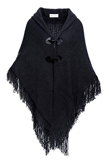 Poncho en tricot pour femme avec pompons, châle et boutons en corne - noir - Taille Unique