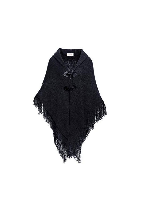 Poncho en tricot pour femme avec pompons, châle et boutons en corne - noir - Taille Unique