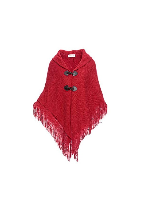 Poncho en tricot pour femme avec pompons, châle et boutons en corne - noir - Taille Unique