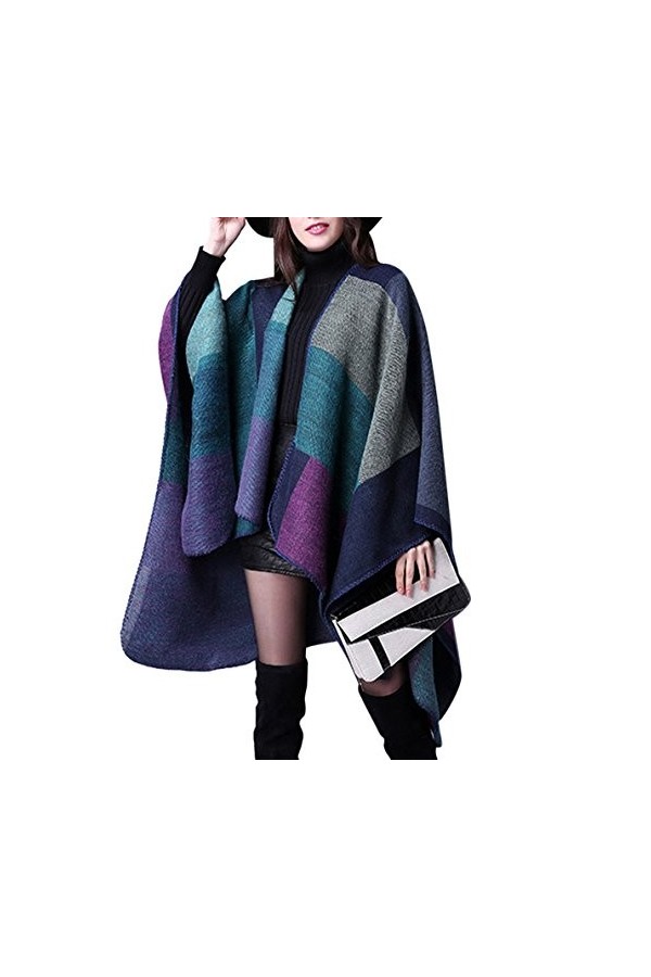 Grand Tartan Femme Poncho Châle Foulard Couverture Chaud pour Automne Hiver - Bleu - Taille unique