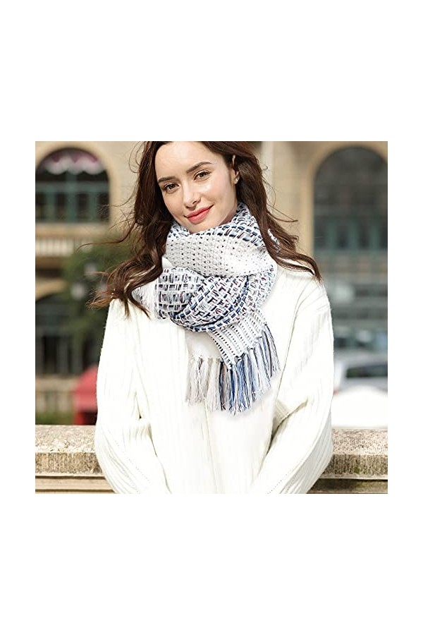 LumiSyne Hiver Écharpe Femme Echarpe Tricoté Écharpe Tressé De Mode Lignes De Dégradé Bleu Grande Châle Etoles Franges Longue
