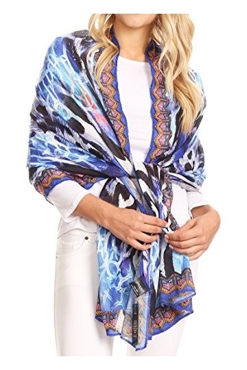 Sakkas P38 - Tuma Coloré imprimé léger Gauzy écharpe châle - 17250-Bleu/noir-nid dabeilles - OS