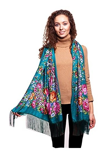 Longue écharpe russe colorée à franges 70 x 180 cm, Turquoise.