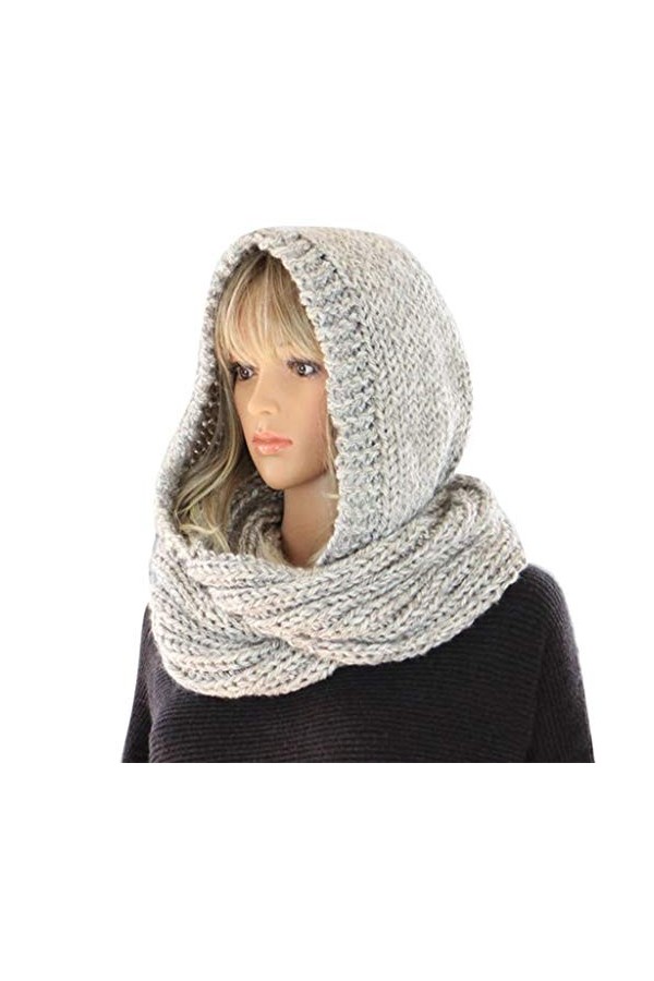 MEIBAOGE Femmes Hiver Tricot Capuche Infinity Écharpe Coupe-Vent Châle Wrap Cache-Cou Cache-Cou, Écharpe À Capuche-Gris Clair