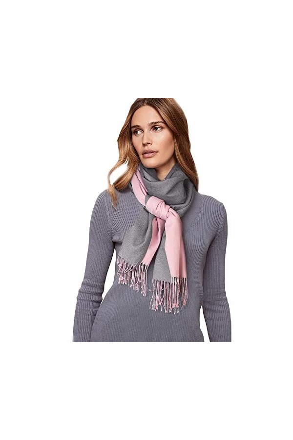 Écharpe réversible oversize en cachemire rose dun côté et gris moyen de lautre avec franges bicolores. 70 x 200 cm sans les