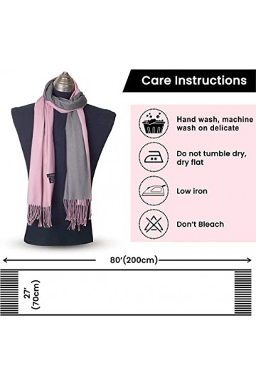 Écharpe réversible oversize en cachemire rose dun côté et gris moyen de lautre avec franges bicolores. 70 x 200 cm sans les