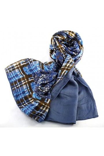 BEAT Châle 100% Soie Imprimée Réversible Design Collection 50 x 180 cm Bleu