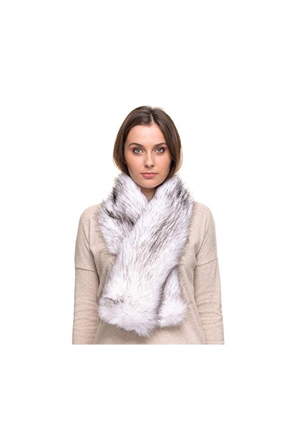 Futrzane Droit Echarpe Fausse Fourrure de Renard Dames Châle Col en Fourrure d’hiver Brun avec Blanc 