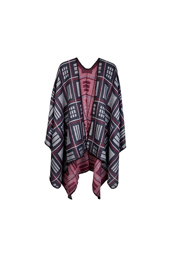 styleBREAKER Poncho avec Motif à Carreaux carrés, Cape à Porter drapée, châle réversible, Femmes 08010015, Couleur:Bleu foncé