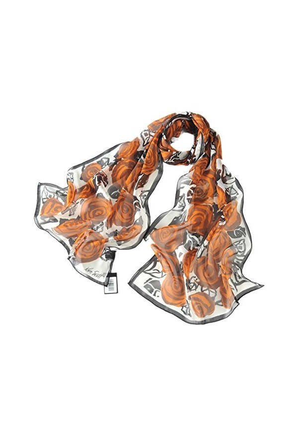 prettystern - longue écharpe de soie handrolled mousseline de soie avec impression - Blooming roses -Marron