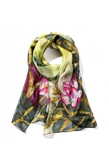 Invisible World Foulard Soie 100% Femme pour Cheveux, Cou, Tete Echarpe Longue Peint a la Main - Jardin dEau -Jaune