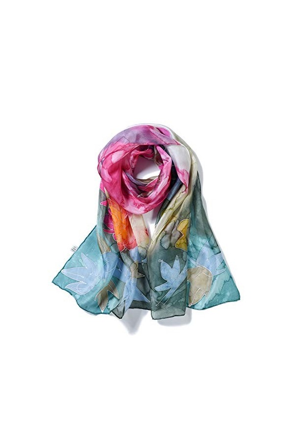 Invisible World Foulard Soie 100% Femme pour Cheveux, Cou, Tete Echarpe Longue Peint a la Main - Jardin dEau -Jaune