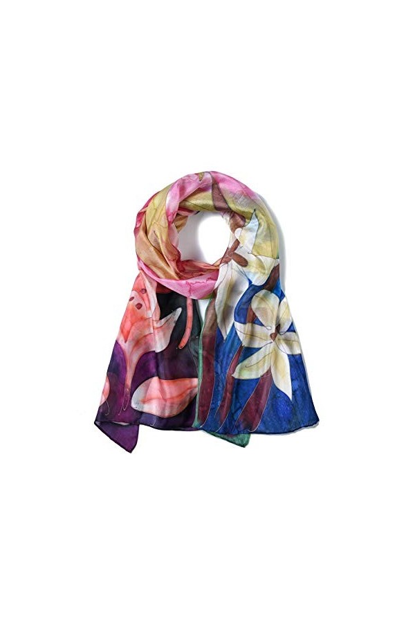 Invisible World Foulard Soie 100% Femme pour Cheveux, Cou, Tete Echarpe Longue Peint a la Main - Jardin dEau -Jaune