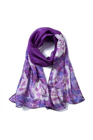 Invisible World Foulard Soie 100% Femme pour Cheveux, Cou, Tete Echarpe Longue Peint a la Main - Fleurs de Pivoine -Pourpre