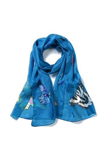 Invisible World Foulard Soie 100% Femme pour Cheveux, Cou, Tete Echarpe Longue Peint a la Main - Papillon - Bleu