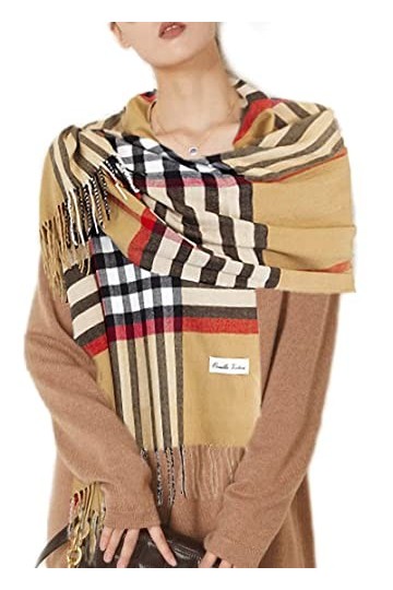 Ornella Venturi Écharpe étole pour femme à carreaux - Aspect à carreaux tendance - SC81703 - Environ 197 x 63 x 0,5 cm, camel