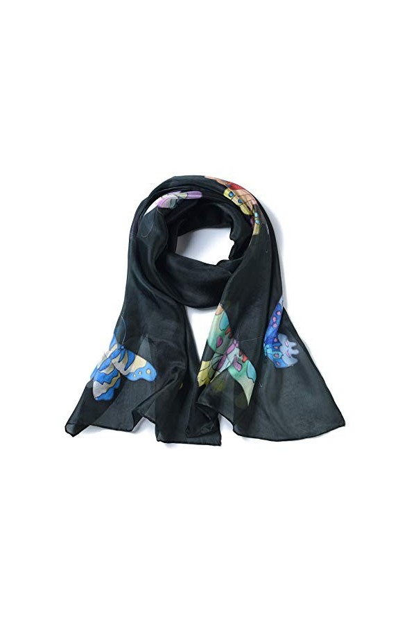 Invisible World Foulard Soie 100% Femme pour Cheveux, Cou, Tete Echarpe Longue Peint a la Main - Papillon - Noir