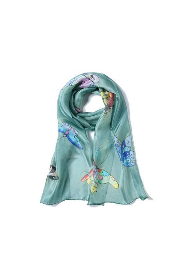 Invisible World Foulard Soie 100% Femme pour Cheveux, Cou, Tete Echarpe Longue Peint a la Main - Papillon - Noir