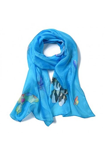Invisible World Foulard Soie 100% Femme pour Cheveux, Cou, Tete Echarpe Longue Peint a la Main - Papillon - Turquoise