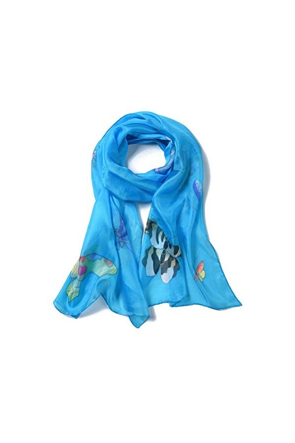 Invisible World Foulard Soie 100% Femme pour Cheveux, Cou, Tete Echarpe Longue Peint a la Main - Papillon - Turquoise