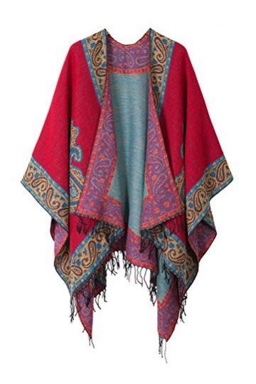 Urban GoCo Femmes Rétro Imprimé Châle Cape Manteau Tassel Poncho Cardigan 2 Rouge 