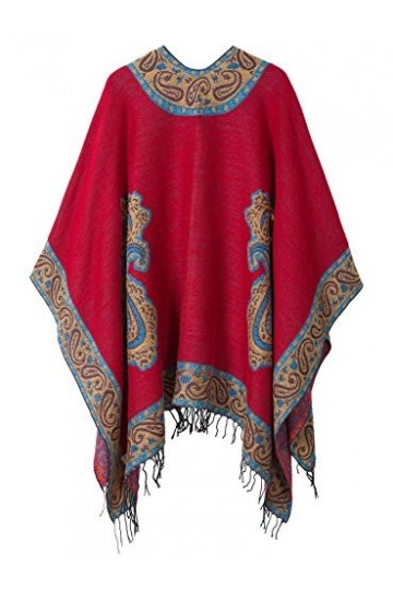 Urban GoCo Femmes Rétro Imprimé Châle Cape Manteau Tassel Poncho Cardigan 2 Rouge 