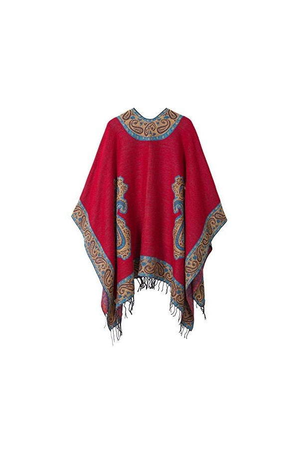 Urban GoCo Femmes Rétro Imprimé Châle Cape Manteau Tassel Poncho Cardigan 2 Rouge 