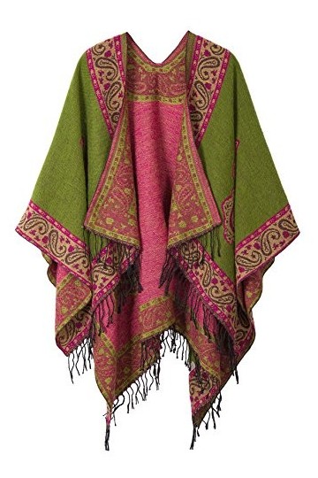 Urban GoCo Femmes Rétro Imprimé Châle Cape Manteau Tassel Poncho Cardigan 2 Vert 