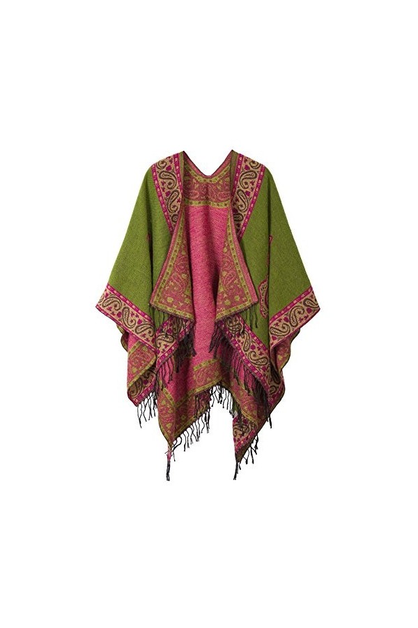 Urban GoCo Femmes Rétro Imprimé Châle Cape Manteau Tassel Poncho Cardigan 2 Vert 
