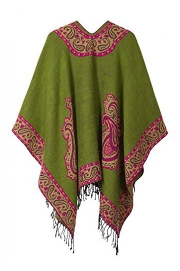 Urban GoCo Femmes Rétro Imprimé Châle Cape Manteau Tassel Poncho Cardigan 2 Vert 