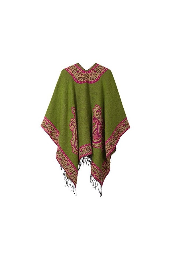 Urban GoCo Femmes Rétro Imprimé Châle Cape Manteau Tassel Poncho Cardigan 2 Vert 