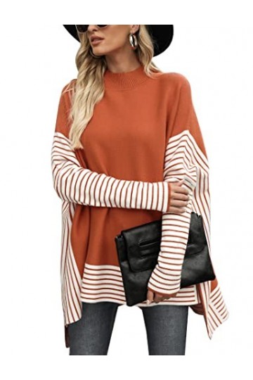 Migcaput Poncho Femme Pull en Tricot à col Montant Élégant Ponchos et Capes Femme Chaud Hiver Grand Pull Châle Orange, M 