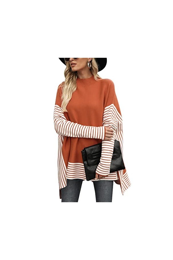 Migcaput Poncho Femme Pull en Tricot à col Montant Élégant Ponchos et Capes Femme Chaud Hiver Grand Pull Châle Orange, M 