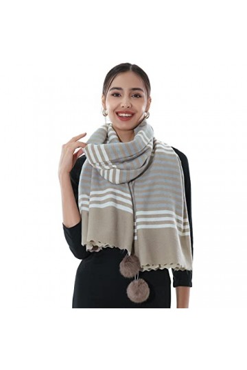 RIIQIICHY Écharpe à carreaux pashmina châle pour femme longue et grande écharpe dhiver chaude épaisse avec pompon en fourrur