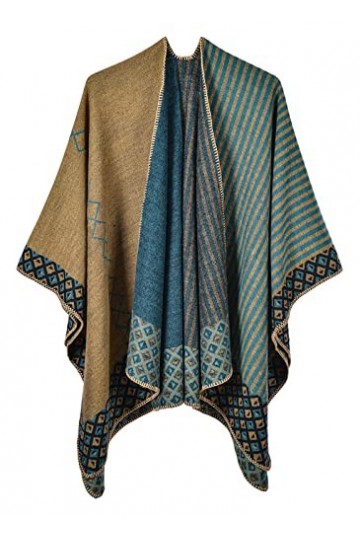 FEOYA Cape Poncho Femme Châle Foulard Couverture Élégant Vintage Épaissie Chaud Hiver Cardigan à Devant Ouvert C6